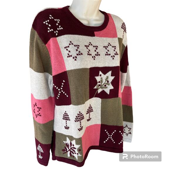 Vintage Christopher & Banks Patchwork Crew Neck Knit Sweater Pink Tan Womens L - Picture 3 of 8